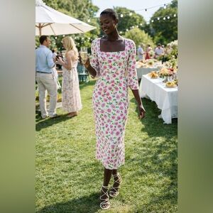 Zara Midi Dress White Floral 3/4 Sleeves and Square Neck Formal Wedding Guest